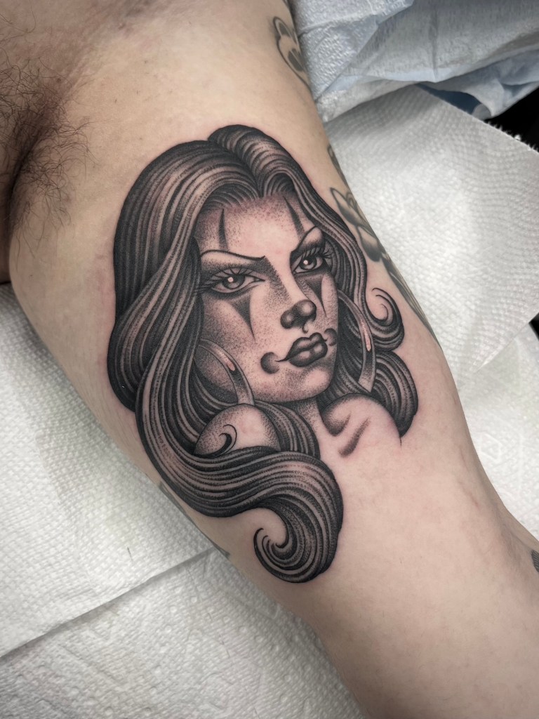 chicano-payasa-clown-girl-single-needle-tattoo