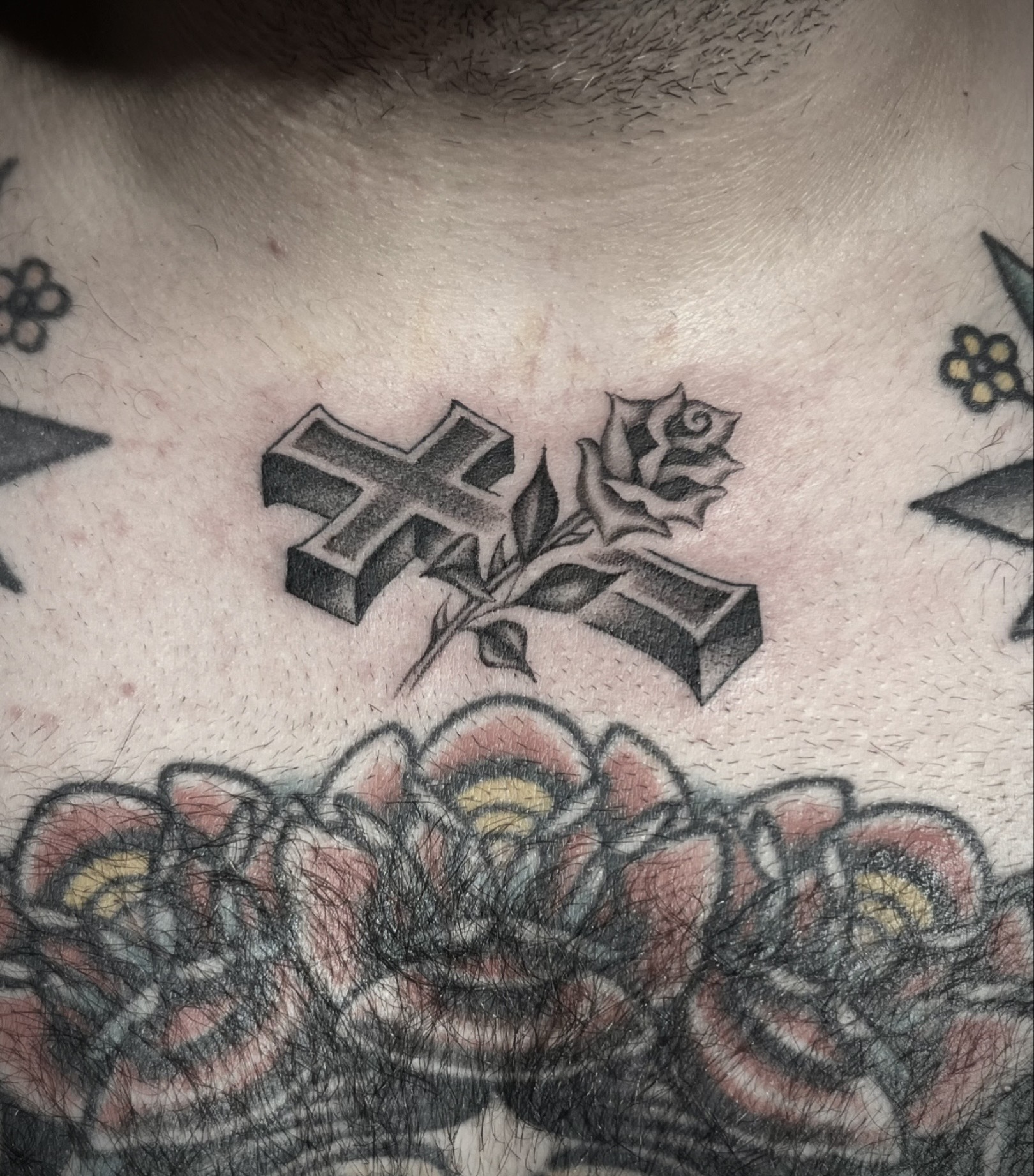 single-needle-cross-rose-san-diego-tattoo
